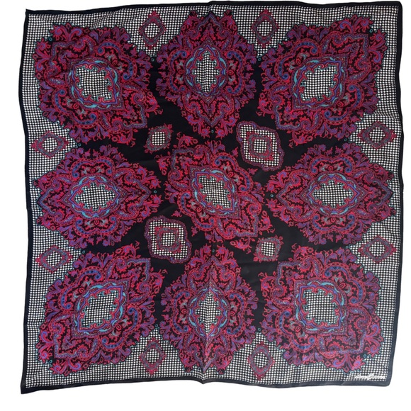 Ginnie Johansen Paisley Silk Scarf Blue Maroon Green Blue Houndstooth 34" - Picture 6 of 6